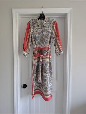 Zara | Floral Paisley Coral-Trim Shirt Dress with Waist Tie Size M